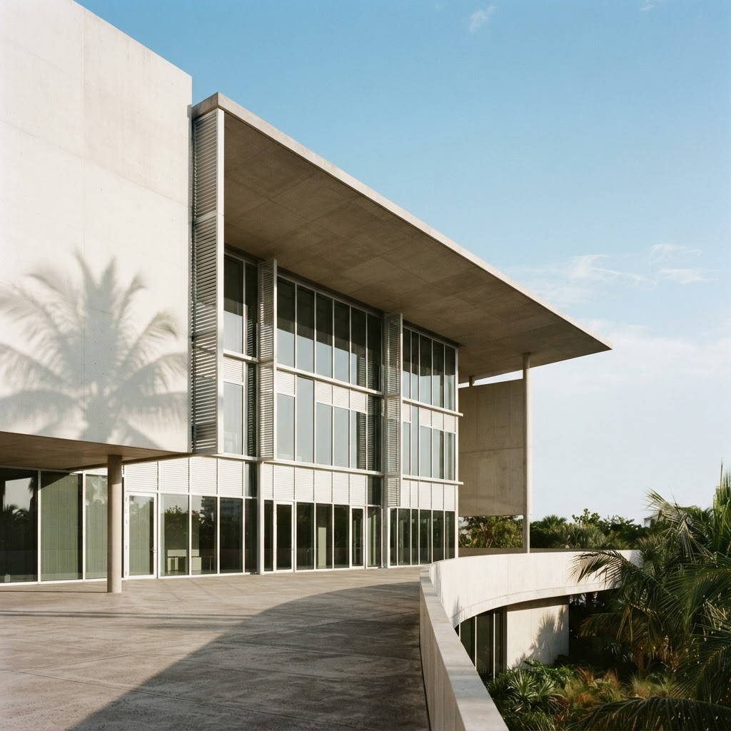 Minimalist white modern building facade in Miami with long geometric shadows