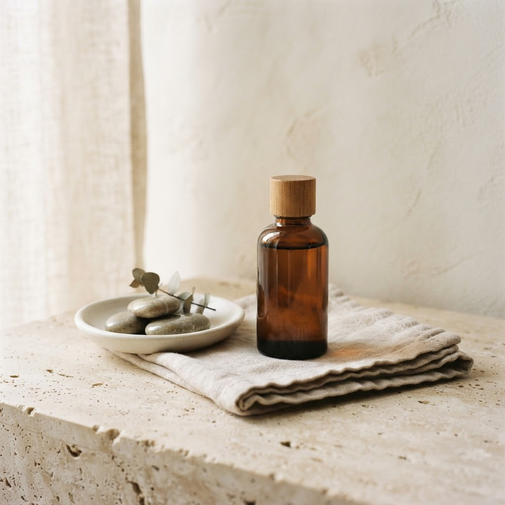 Amber glass bottle, folded linen and river stone on travertine