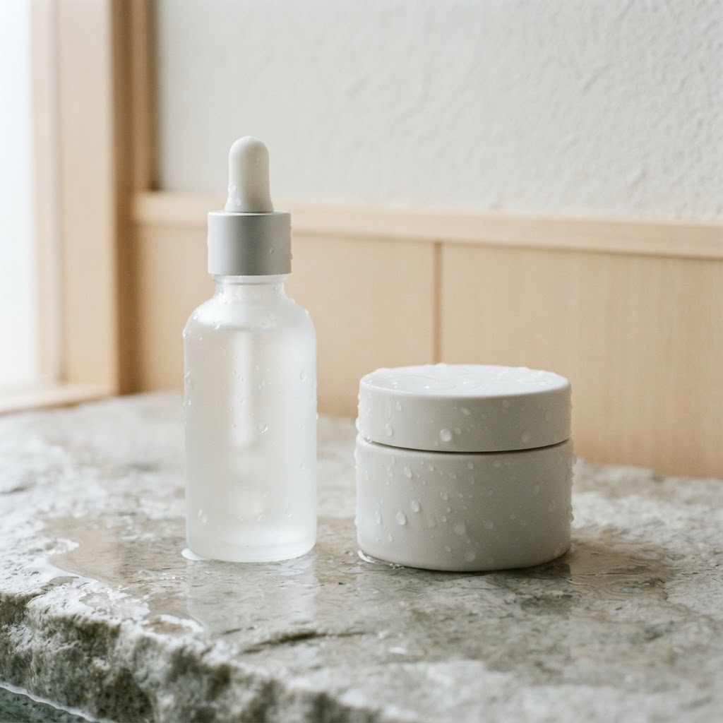 Frosted glass serum bottle and ceramic cream jar on wet stone