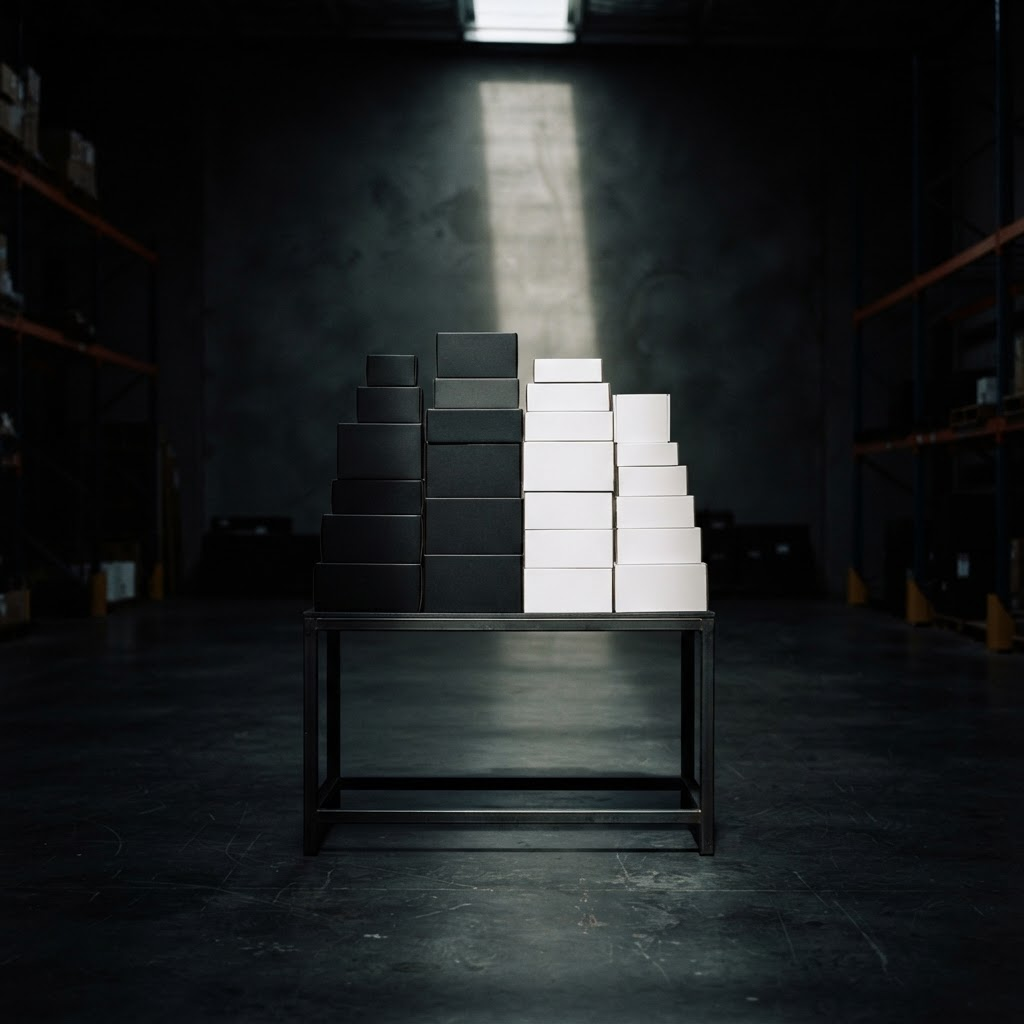 Stacked unbranded product boxes under a single beam of light in a dark warehouse